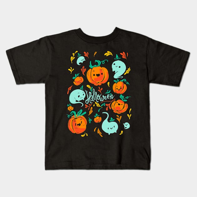 Pumpkins and Ghosts - Halloween Design Kids T-Shirt by TheTeenosaur